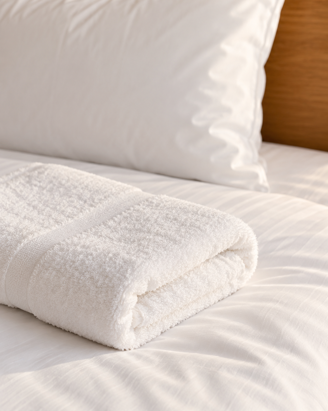 Imagem ilustrativa de uma toalha dobrada sobre roupa de cama branca